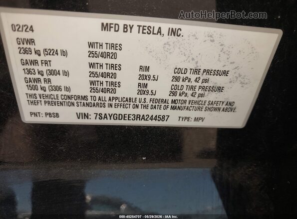 7SAYGDEE3RA244587 2024 TESLA MODEL Y Black Engine compartment view