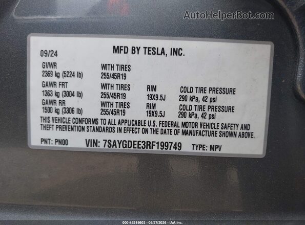 7SAYGDEE3RF199749 2024 TESLA MODEL Y Gray Engine compartment view
