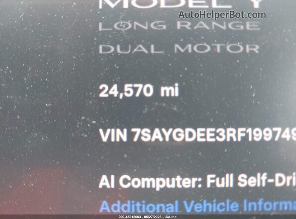 7SAYGDEE3RF199749 2024 TESLA MODEL Y Gray 360 interior view