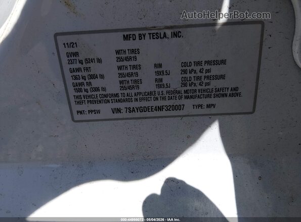 7SAYGDEE4NF320007 2022 TESLA MODEL Y White Շարժիչի բաժամունքի տեսք