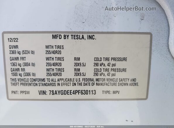 7SAYGDEE4PF630113 2023 TESLA MODEL Y White Շարժիչի բաժամունքի տեսք