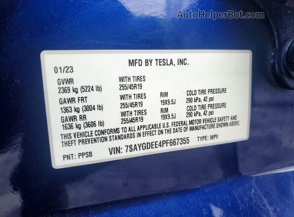 7SAYGDEE4PF667355 2023 TESLA MODEL Blue Widok naklejki z numerem VIN
