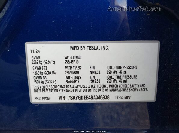 7SAYGDEE4SA346938 2025 TESLA MODEL Y Blue Widok komory silnika