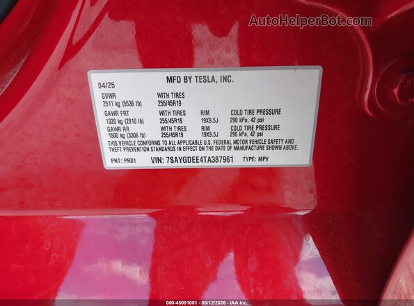 7SAYGDEE4TA387961 2026 TESLA MODEL Y Темно-бордовый Вид подкапотного пространства