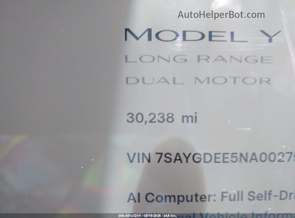 7SAYGDEE5NA002796 2022 TESLA MODEL Y Blue 