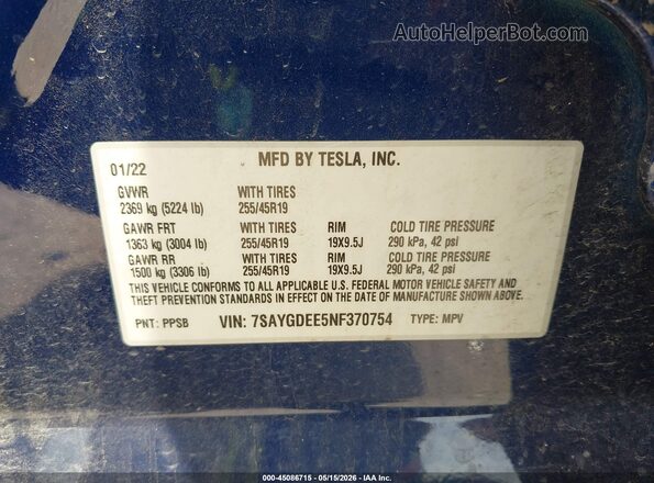7SAYGDEE5NF370754 2022 TESLA MODEL Y Blue Շարժիչի բաժամունքի տեսք