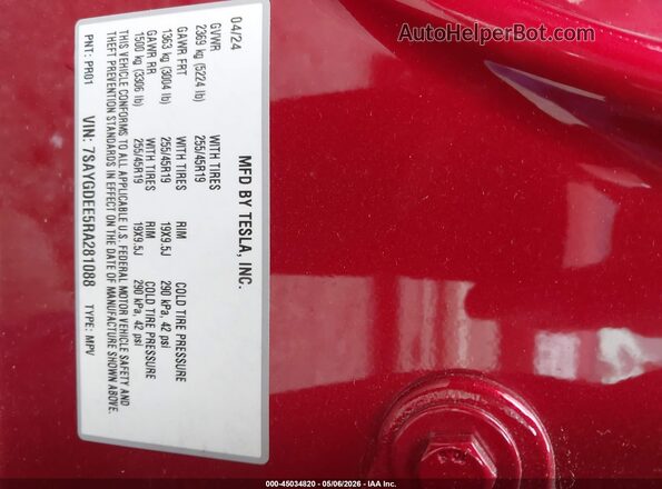 7SAYGDEE5RA281088 2024 TESLA MODEL Y Red 