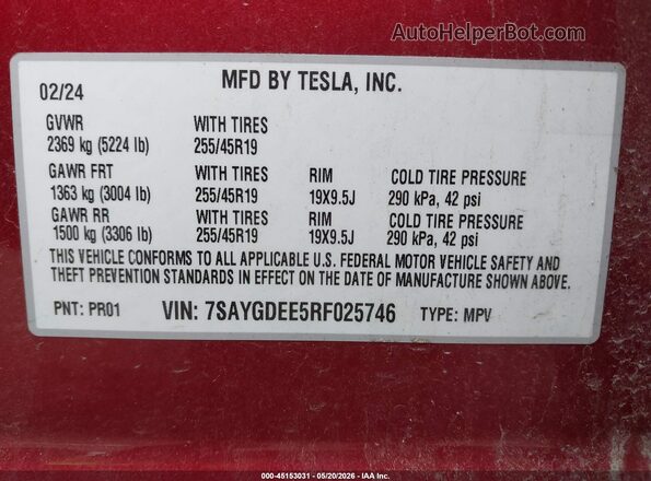 7SAYGDEE5RF025746 2024 TESLA MODEL Y Red Engine compartment view