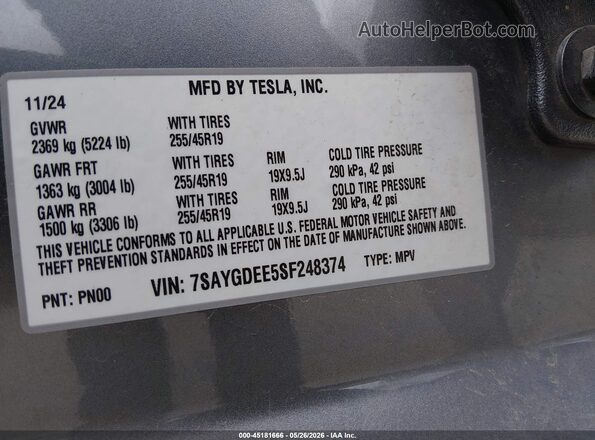7SAYGDEE5SF248374 2025 TESLA MODEL Y Серебряный Вид наклейки с VIN-кодом