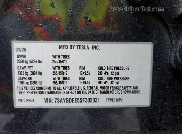 7SAYGDEE5SF302031 2025 TESLA MODEL Black Вид наклейки з VIN-кодом