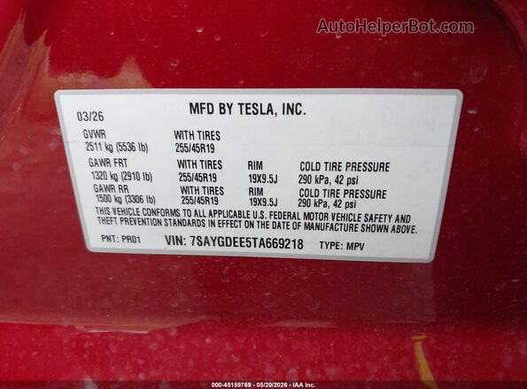 7SAYGDEE5TA669218 2026 TESLA MODEL Y Red Engine compartment view
