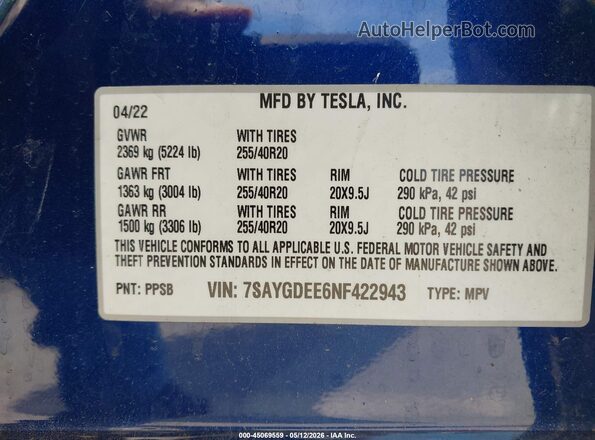 7SAYGDEE6NF422943 2022 TESLA MODEL Y Синий Вид подкапотного пространства