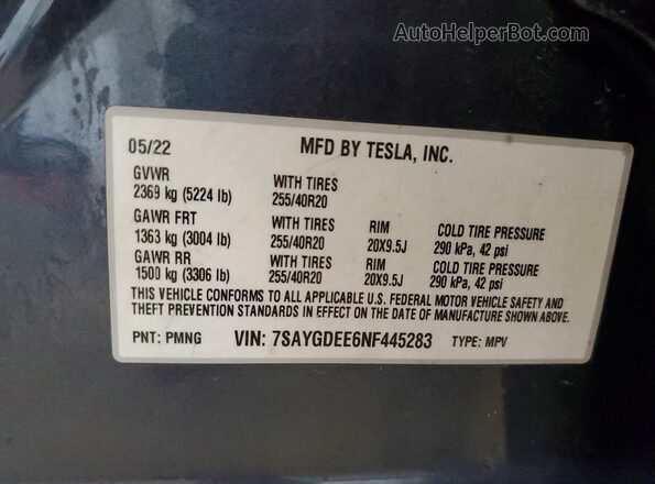 7SAYGDEE6NF445283 2022 TESLA MODEL Серый Вид наклейки с VIN-кодом