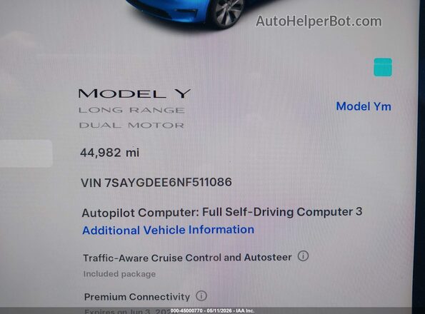 7SAYGDEE6NF511086 2022 TESLA MODEL Y Gray Vista de los asientos traseros