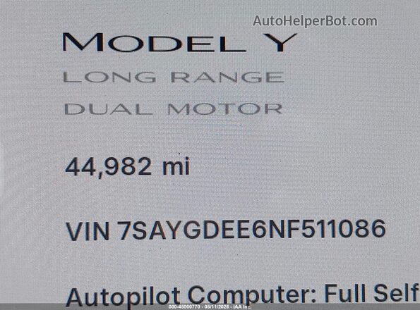 7SAYGDEE6NF511086 2022 TESLA MODEL Y Gray 