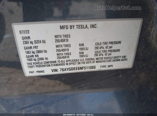 7SAYGDEE6NF511086 2022 TESLA MODEL Y Gray Vista del compartimento del motor