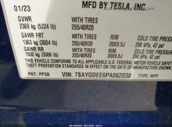 7SAYGDEE6PA062038 2023 TESLA MODEL Y Blue Engine compartment view