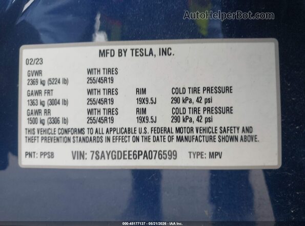7SAYGDEE6PA076599 2023 TESLA MODEL Y Синий 