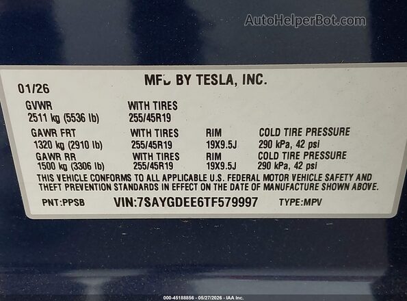 7SAYGDEE6TF579997 2026 TESLA MODEL Y Blue Вид підкапотного простору