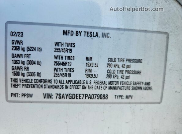 7SAYGDEE7PA079088 2023 TESLA MODEL White 