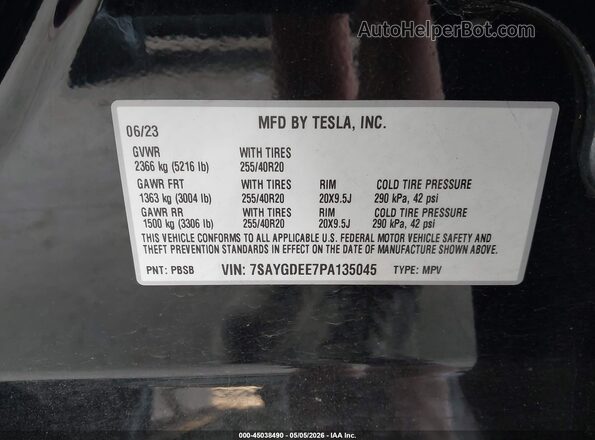 7SAYGDEE7PA135045 2023 TESLA MODEL Y Black Շարժիչի բաժամունքի տեսք