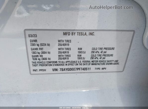 7SAYGDEE7PF740511 2023 TESLA MODEL Y Белый Вид подкапотного пространства