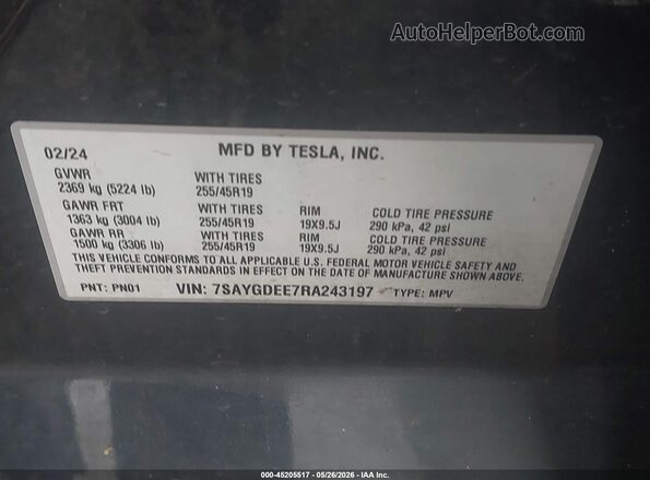 7SAYGDEE7RA243197 2024 TESLA MODEL Y Gray 