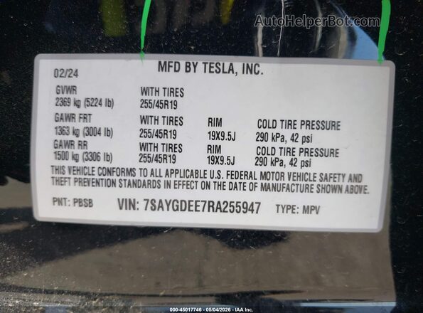 7SAYGDEE7RA255947 2024 TESLA MODEL Y Black 