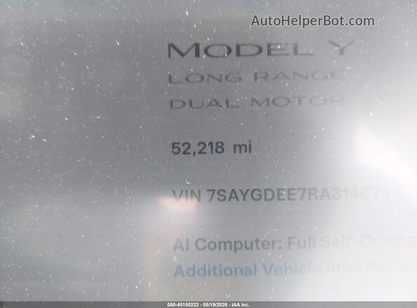 7SAYGDEE7RA314074 2024 TESLA MODEL Y Blue Vista interior de 360 grados
