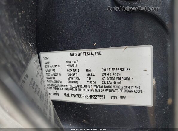 7SAYGDEE8NF327557 2022 TESLA MODEL Y Gray Շարժիչի բաժամունքի տեսք