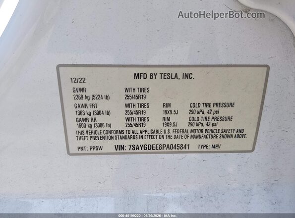 7SAYGDEE8PA045841 2023 TESLA MODEL Y White Vista del compartimento del motor