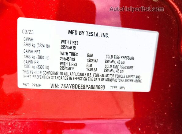 7SAYGDEE8PA088690 2023 TESLA MODEL Red Vista de la etiqueta del VIN
