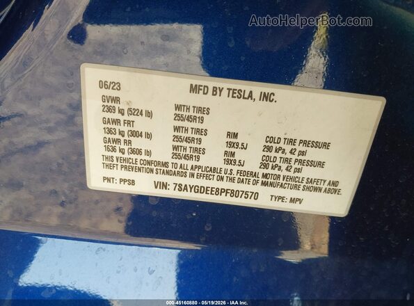 7SAYGDEE8PF807570 2023 TESLA MODEL Y Blue Вид підкапотного простору