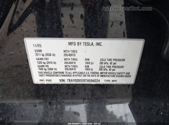 7SAYGDEE8TA594224 2026 TESLA MODEL Y Black ძრავის განყოფილების ხედი
