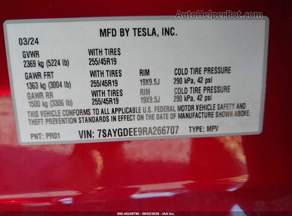 7SAYGDEE9RA266707 2024 TESLA MODEL Y Red Շարժիչի բաժամունքի տեսք