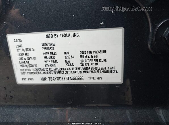 7SAYGDEE9TA390998 2026 TESLA MODEL Y Black Widok naklejki z numerem VIN