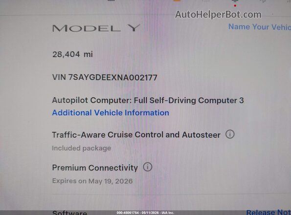 7SAYGDEEXNA002177 2022 TESLA MODEL Y Gray 