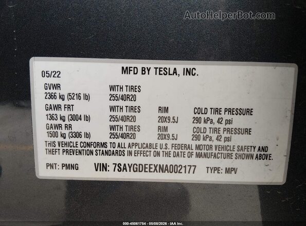 7SAYGDEEXNA002177 2022 TESLA MODEL Y Gray Engine compartment view