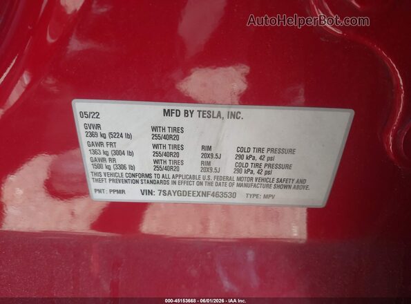 7SAYGDEEXNF463530 2022 TESLA MODEL Y Red Շարժիչի բաժամունքի տեսք