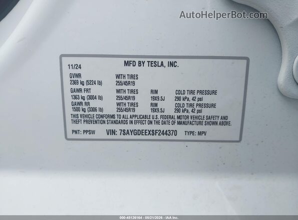 7SAYGDEEXSF244370 2025 TESLA MODEL Y Белый 