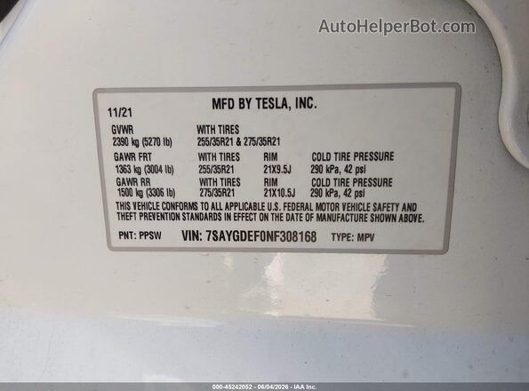 7SAYGDEF0NF308168 2022 TESLA MODEL Y White Engine compartment view
