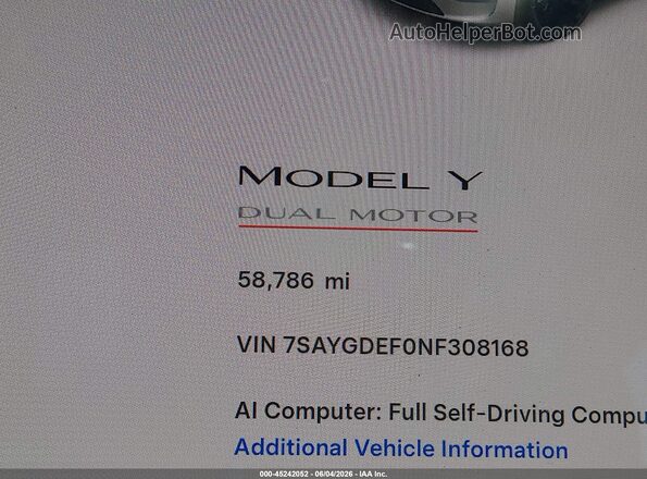 7SAYGDEF0NF308168 2022 TESLA MODEL Y White 