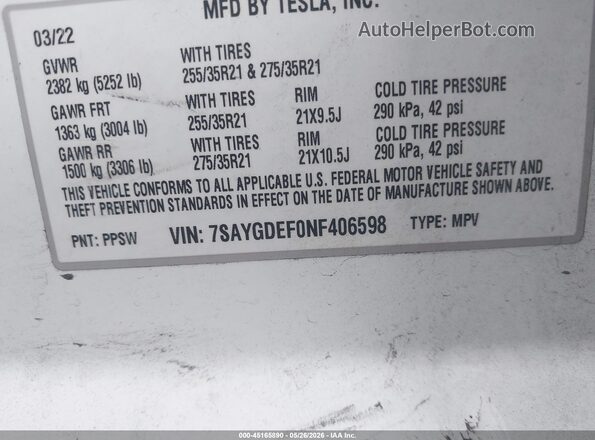 7SAYGDEF0NF406598 2022 TESLA MODEL Y White Շարժիչի բաժամունքի տեսք