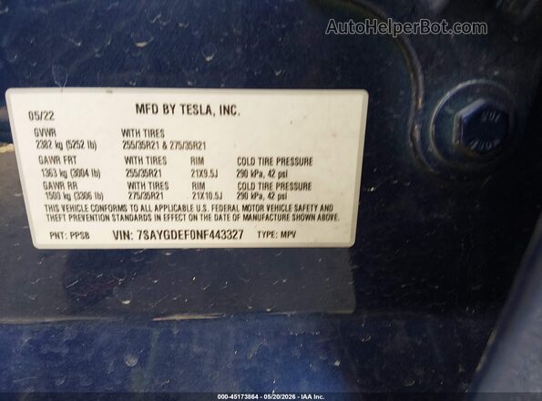 7SAYGDEF0NF443327 2022 TESLA MODEL Y Синий Вид подкапотного пространства