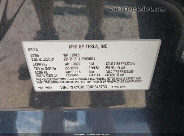 7SAYGDEF0RF048733 2024 TESLA MODEL Y Gray Engine compartment view