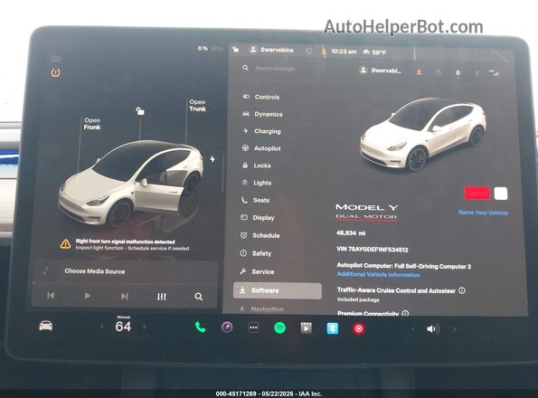 7SAYGDEF1NF534512 2022 TESLA MODEL Y White უკანა სავარძლების ხედი