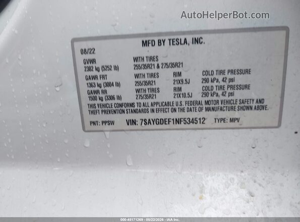 7SAYGDEF1NF534512 2022 TESLA MODEL Y White ძრავის განყოფილების ხედი