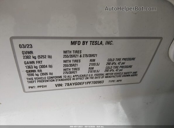 7SAYGDEF1PF700983 2023 TESLA MODEL Y White ძრავის განყოფილების ხედი