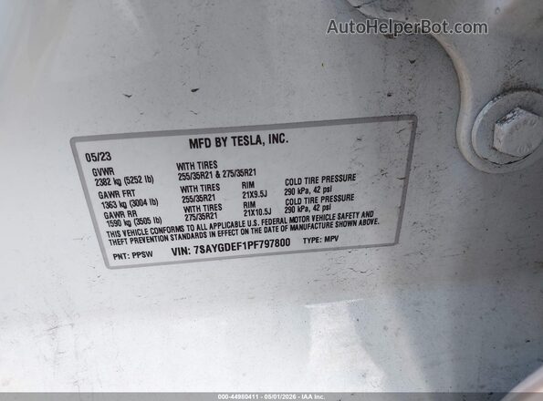 7SAYGDEF1PF797800 2023 TESLA MODEL Y White Շարժիչի բաժամունքի տեսք
