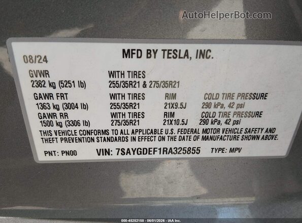 7SAYGDEF1RA325855 2024 TESLA MODEL Y Серый Вид подкапотного пространства